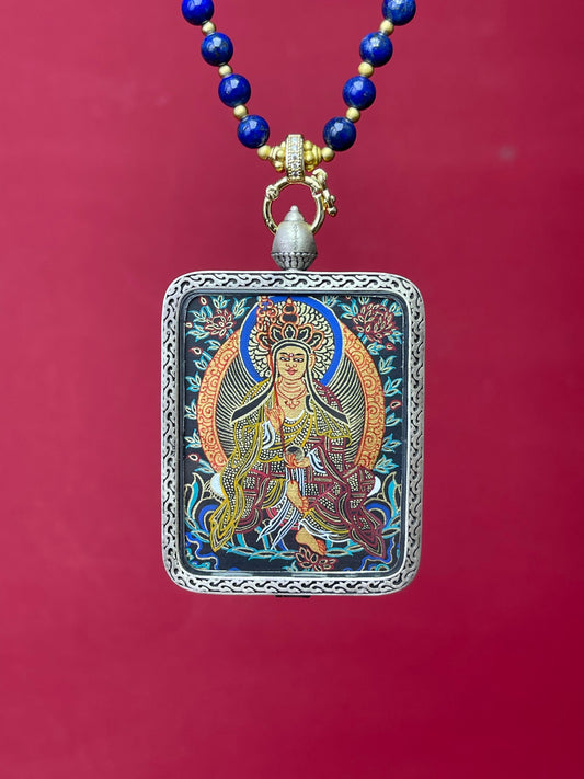 Detailed view of the Nine-Colour Deer relief silver casing for the Ksitigarbha Thangka pendant, symbolising the great vow and tradition in Buddhist practice.