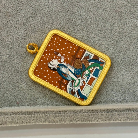 Hand-painted Tibet Dunhuang Mural Lotus-Holding Avalokiteshvara Thangka pendant featuring the Bodhisattva of Compassion with lotus, encased in matte copper, representing spiritual fulfillment in Tibetan Buddhist tradition.