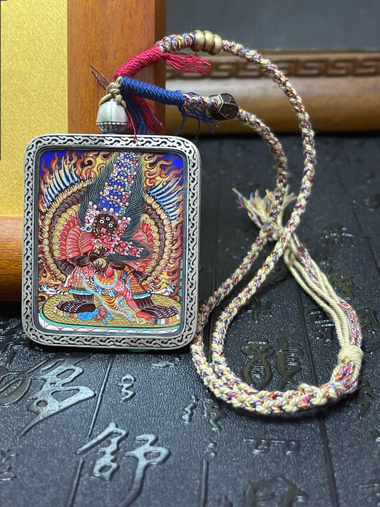 Hand-painted Rekong Maha Heruka (玛哈嘿鲁嘎) Thangka pendant 4x5cm with 925 silver casing, nine chakras and purification, Rekong series.