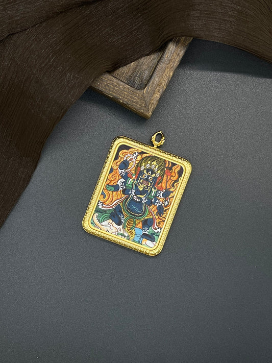 Hand-painted Nepal Mahakala (大黑天) Thangka pendant 4x5cm with titanium casing featuring the protector deity, representing warding off evil and the increase of merit and wisdom in Buddhist tradition.