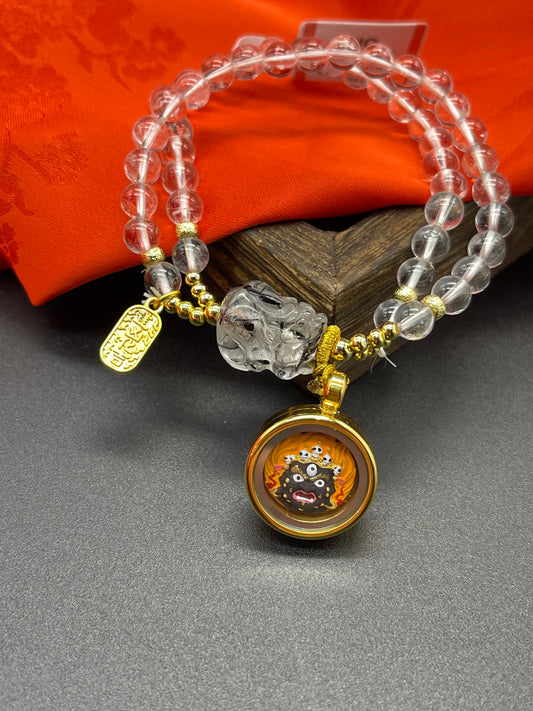 Hand-painted Mahakala (大黑天) Painted Tsa-Tsa with white quartz pixiu bracelet featuring the protector deity, representing warding off evil and the increase of merit and wisdom in Buddhist tradition.