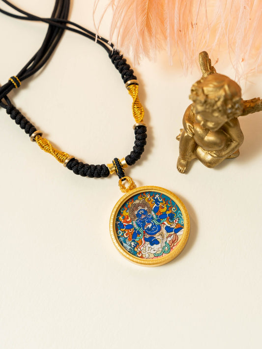Hand-painted Rekong Six-Armed Mahakala (六臂玛哈嘎拉大黑天) Thangka pendant 3.5cm with hand-braided cord featuring the wrathful form of Avalokiteshvara, representing pacify disaster, increase fortune and guardian of endeavour in Buddhist tradition.