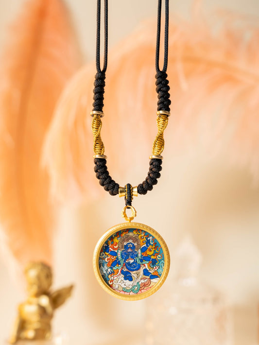 Detailed view of the hand-braided cord for the Six-Armed Mahakala Thangka pendant, symbolising protection and tradition in Buddhist practice.