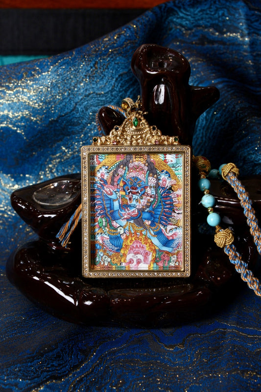 Great Powerful Vajra thangka pendant representing Mahakala, the Tibetan Buddhist deity of strength, protection, and the removal of obstacles.