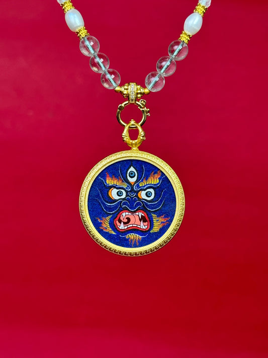 Close-up detail of the Tibet Coarse Mahakala Buddha Face Thangka showing hand-painted mineral pigments and lapis lazuli coarse-grain texture, showcasing the masterful artistry and wrathful presence.