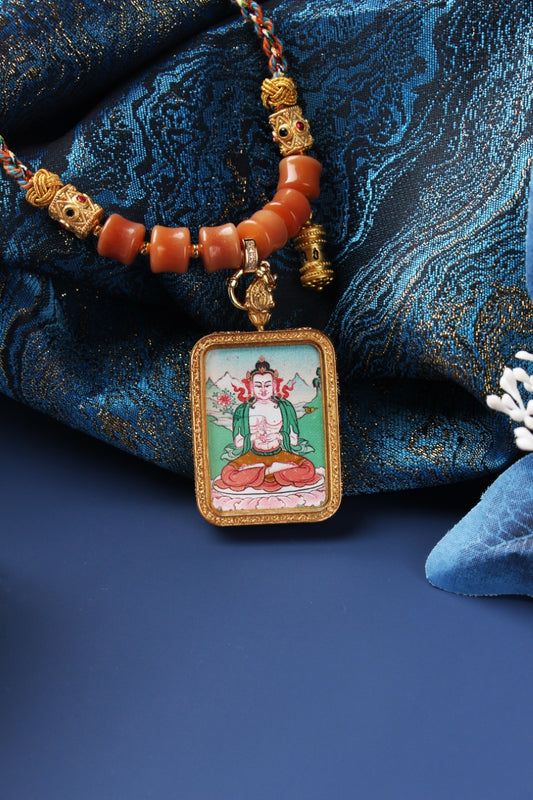 A 4x5cm hand-painted Karma Kagyu Mahasthamaprapta Bodhisattva Thangka pendant featuring the Bodhisattva of Great Power, encased in titanium steel, representing wisdom and success in Tibetan Buddhist tradition.