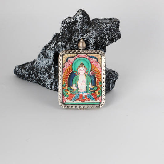 Close-up detail of the Karma Kagyu Mahasthamaprapta Thangka painting showing intricate natural mineral pigment work, showcasing the masterful artistry of Tibetan lineage painters.