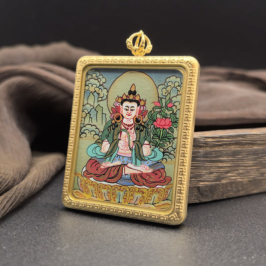 Hand-painted Nepal Mahasthamaprapta (大势至菩萨) Thangka pendant 4x5cm with titanium casing featuring the Bodhisattva of Great Might, representing wisdom and success in Buddhist tradition.