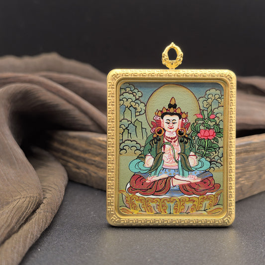 Detailed view of the titanium casing for the Mahasthamaprapta Thangka pendant, symbolising wisdom and tradition in Buddhist practice.
