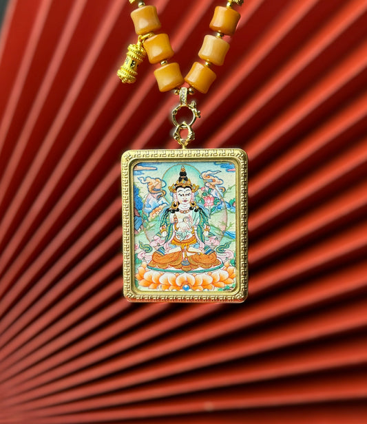 Detailed view of the titanium casing for the Mahasthamaprapta Thangka pendant, symbolising wisdom and tradition in Buddhist practice.