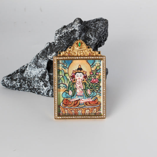 Close-up detail of the Nepal Elegant Mahasthamaprapta Thangka painting showing intricate natural mineral pigment work, showcasing the masterful artistry of Nepali lineage painters.