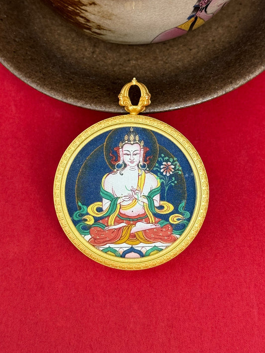 Close-up detail of the Tibet Bold Mahasthamaprapta Thangka showing hand-painted mineral pigments, gold and lapis, showcasing the masterful artistry and three-dimensional imagery.