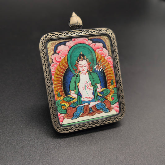 A 3.5x4.5cm hand-painted Tibet Red Cloud Mahasthamaprapta (大势至菩萨) Thangka pendant with 925 silver featuring the Bodhisattva of Great Might, representing wisdom and success in Buddhist tradition.