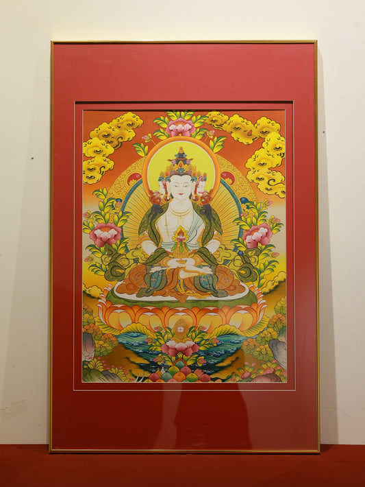 A detailed Vairocana Buddha mandala thangka in Tibetan Buddhist tradition, symbolizing cosmic order and enlightened awareness.