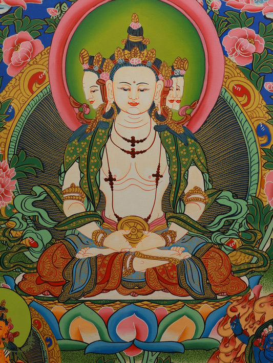 Vairocana Buddha color thangka in Tibetan Buddhist art, symbolizing the universal light and awakened awareness