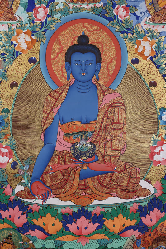 Hand-painted Medicine Buddha Tibetan Thangka featuring Lapis Lazuli Healing Light, traditional Bhaisajyaguru sacred art.