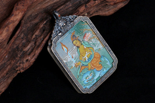 Hand-painted Karma Gadri Manjushri (文殊菩萨) Thangka pendant 3.5x4.5cm with vintage silver casing featuring the Bodhisattva of Wisdom, representing wisdom and blessing in Buddhist tradition.