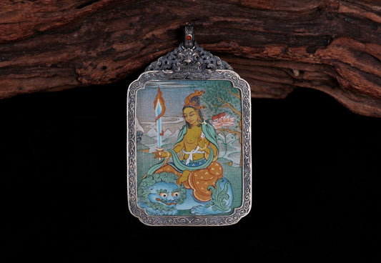 Close-up detail of the Karma Gadri Manjushri Thangka showing hand-painted mineral pigments, showcasing the Karma Gadri series artistry.