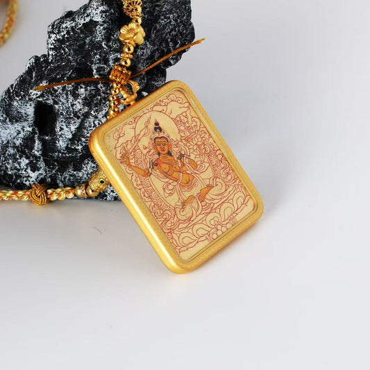 A 4x5cm hand-painted Karma Kagyu Manjushri Bodhisattva Thangka pendant featuring the Bodhisattva of Wisdom, encased in titanium steel, representing wisdom and clarity in Tibetan Buddhist tradition.