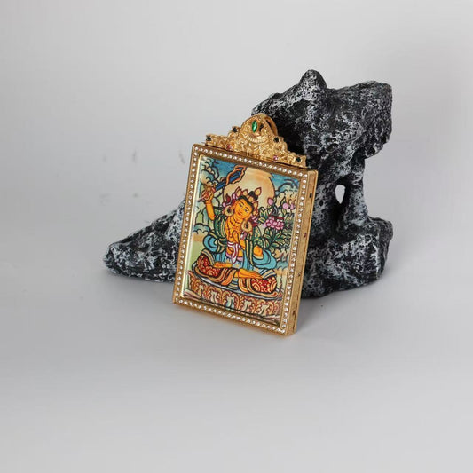 Hand-painted Nepal Elegant Manjushri Bodhisattva Thangka pendant featuring the Bodhisattva of Wisdom, encased in titanium steel, representing wisdom in Tibetan Buddhist tradition.