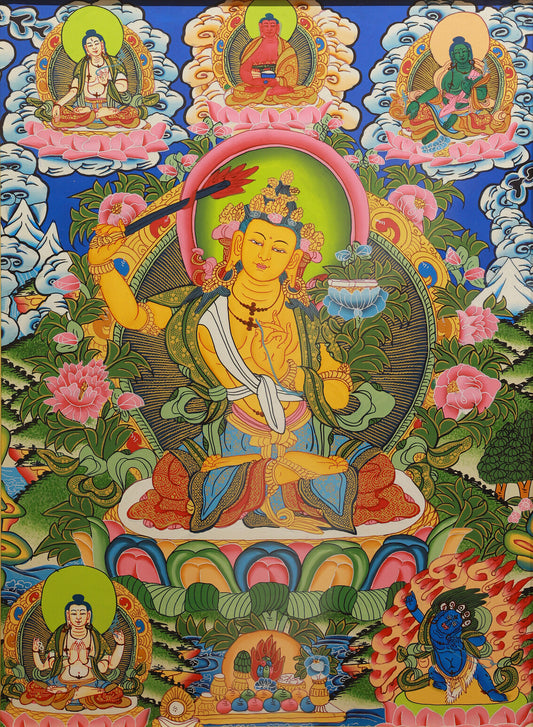 Tibetan Buddhist culture, a color thangka painting of Manjushri Bodhisattva seated on a lotus throne, holding a wisdom sword and lotus flower, symbolizing wisdom and compassion.