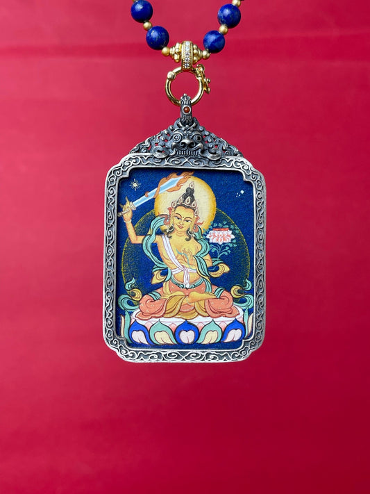 Hand-painted Tibet Manjushri (文殊菩萨) Thangka pendant 3.5x4.5cm with refined silver casing featuring the Bodhisattva of Wisdom, representing wisdom and family happiness in Buddhist tradition.