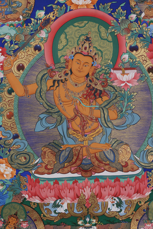 Alt Text: Fine art Manjushri Thangka painting with flaming wisdom sword and ornate lotus-seat design.
