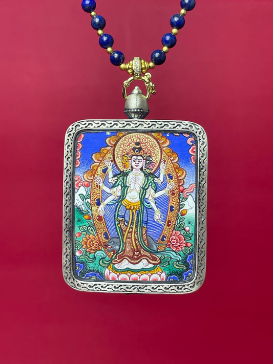 Close-up detail of the Rekong Marici Thangka showing hand-painted mineral pigments, showcasing the Rekong series artistry.