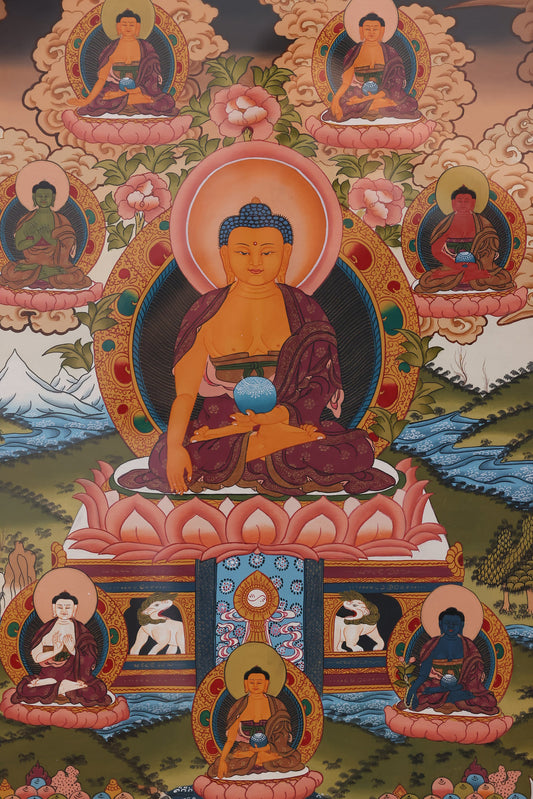 A Tibetan Buddhist Medicine Buddha mandala thangka depicting Bhaisajyaguru at the center, symbolizing healing and spiritual purification.