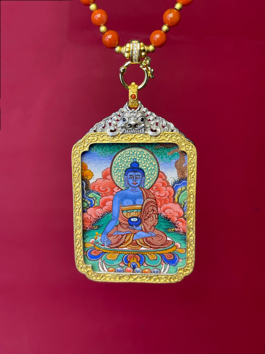 Close-up detail of the Rekong Medicine Buddha Thangka showing mineral pigments, showcasing Rekong series artistry.