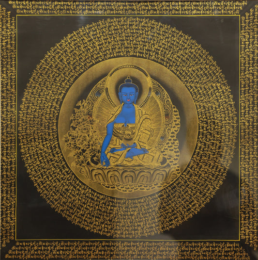 Tibetan Buddhist Medicine Buddha Thangka featuring the six-syllable mantra, traditional vibrant colors, hand-painted.