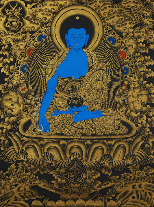 A traditional Tibetan Medicine Buddha thangka featuring the deity's iconic lapis lazuli blue body within a sacred healing mandala design, symbolizing purification and holistic wellness.