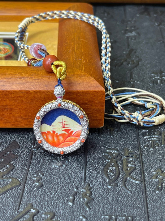 Hand-painted Rekong Mount Kailash Sunrise (日照金山 · 冈仁波齐) cultural Thangka pendant 3cm with hand-woven cord, wealth and noble support, Rekong Cultural series.