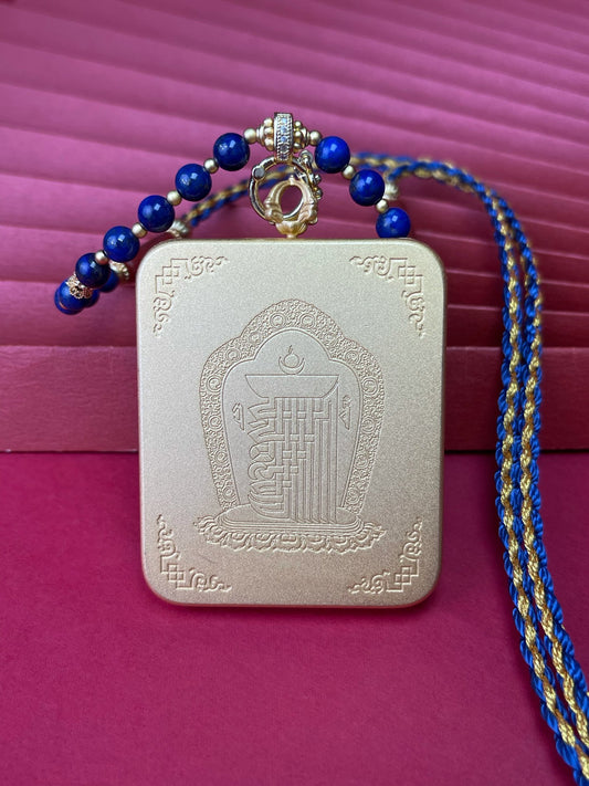 Hand-painted Tibet Nagaraja (龙五爷) Thangka pendant 3.5x4.5cm with coarse lapis lazuli texture featuring the Dragon King Wealth Deity, representing wealth and fortune in Buddhist tradition.