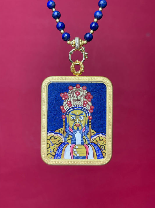 Close-up detail of the Tibet Nagaraja Thangka showing coarse lapis lazuli texture and three-dimensional artistry.