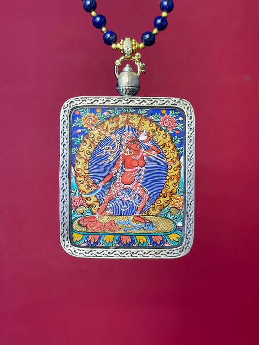 Detailed view of the copper casing for the Naro Khechari Dakini Thangka pendant, symbolising wisdom and tradition in Buddhist practice.
