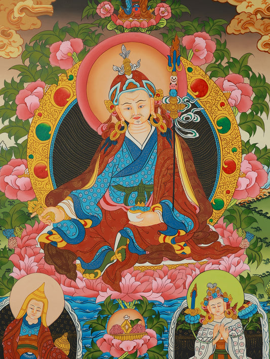 Hand-painted Tibetan thangka depicting Padmasambhava in a sacred refuge field, showcasing traditional Nyingma lineage and spiritual symbolism.