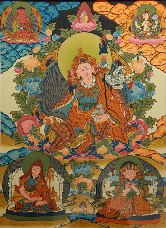 Colorful Tibetan Buddhist Thangka of Padmasambhava, detailed sacred artwork.