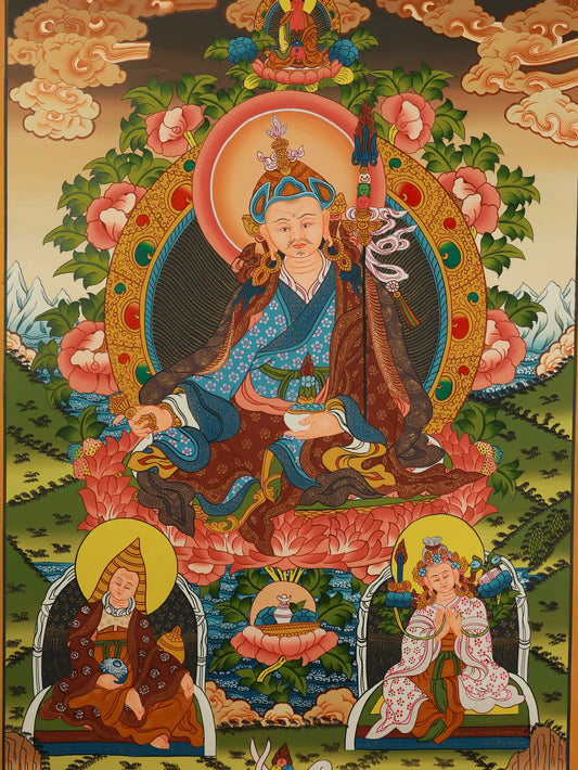 Padmasambhava Guru Rinpoche refuge mandala depicting the central deity surrounded by Nyingma lineage masters, Tibetan Buddhist thangka.