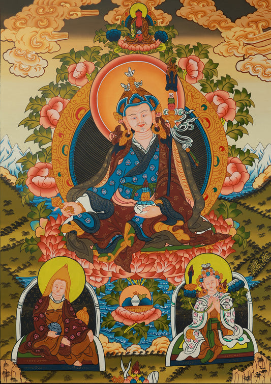 Traditional Tibetan thangka of Lotus Born Master Padmasambhava seated on a lotus throne, symbolizing enlightenment and spiritual power.