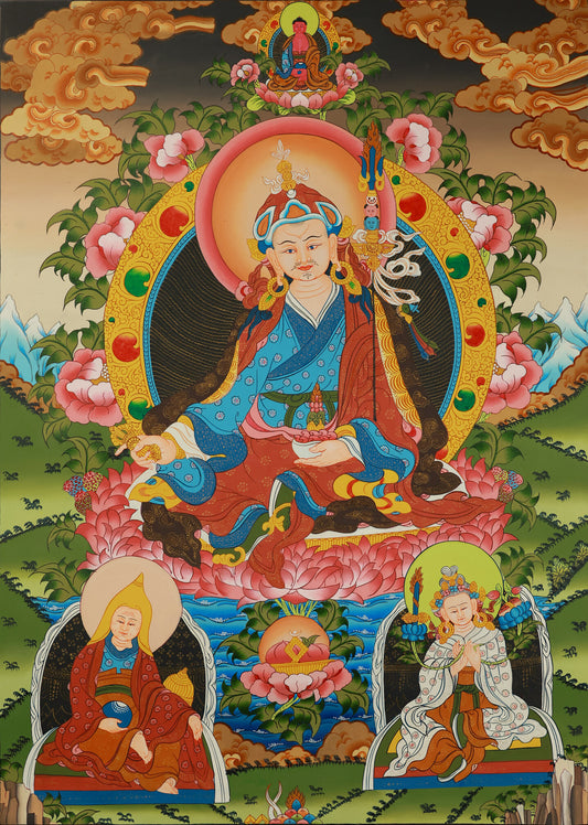 Padmasambhava meditating in lotus posture, traditional Tibetan Buddhist thangka painting.