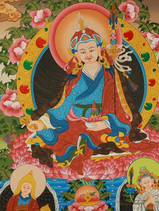 Padmasambhava performing ritual dance, vibrant Tibetan Buddhist thangka artwork.