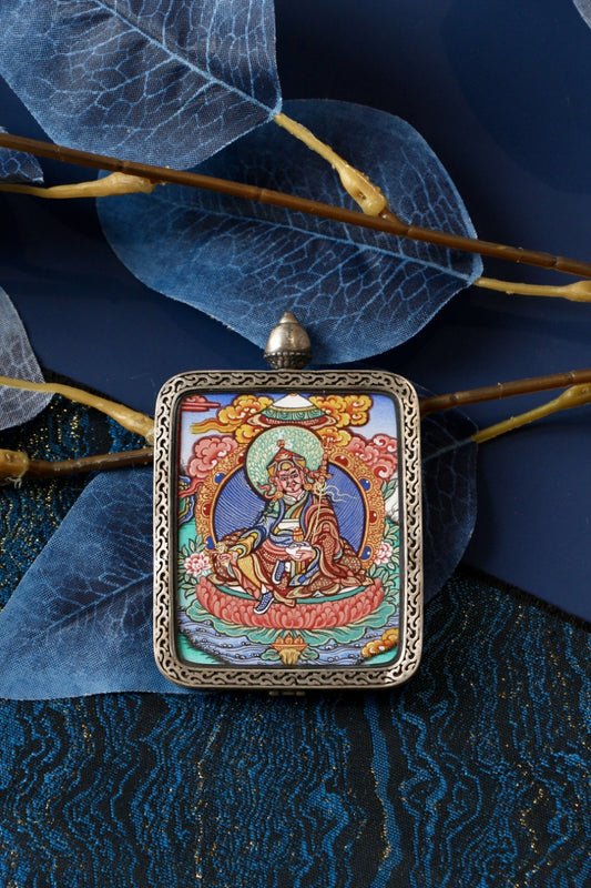 Vajrayana Padmasambhava thangka jewelry pendant featuring the revered Tibetan Buddhist master in seated form on a lotus throne