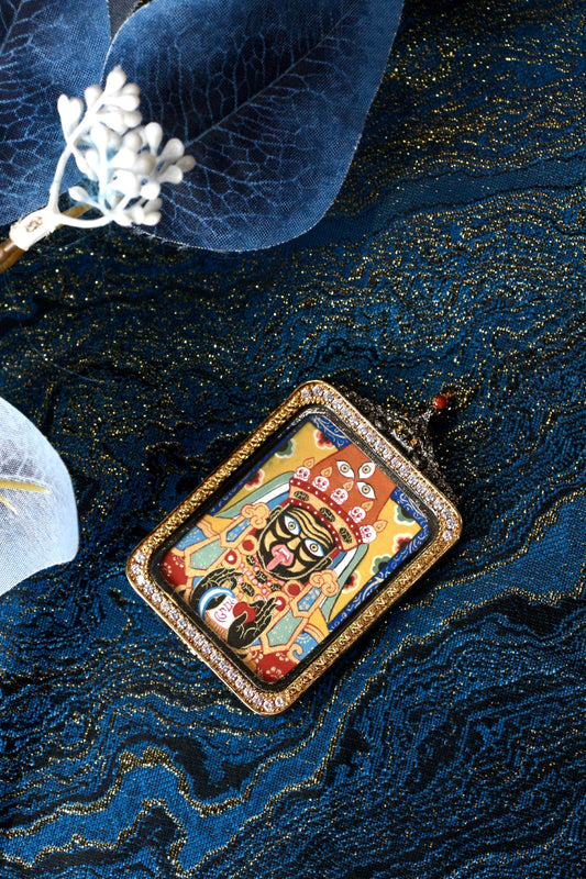 Detailed view of the exclusive 925 Sterling Silver casing for the Palden Lhamo Thangka pendant, symbolizing protection and elegance in Tibetan Buddhist tradition.