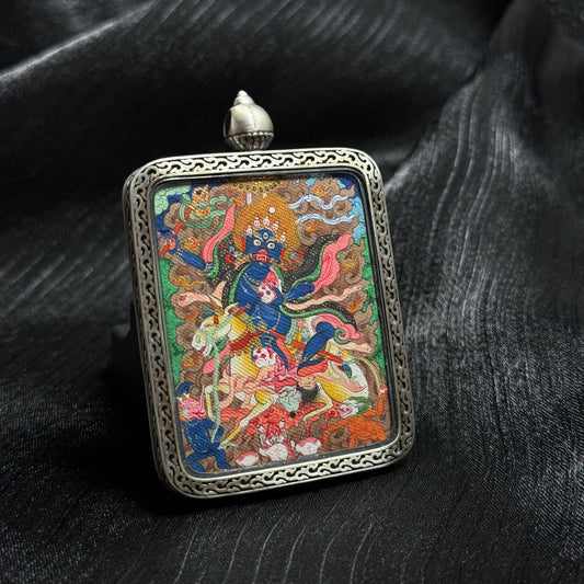 A 4x5cm hand-painted Tibet Mensar Palden Lhamo (Shri Devi) Thangka pendant, representing fulfilment of wishes, longevity, wealth and auspiciousness.
