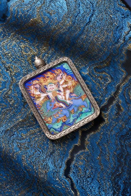 Tibetan Buddhist Pehar protector deity thangka pendant, revered as a powerful guardian in Tibetan Buddhist tradition