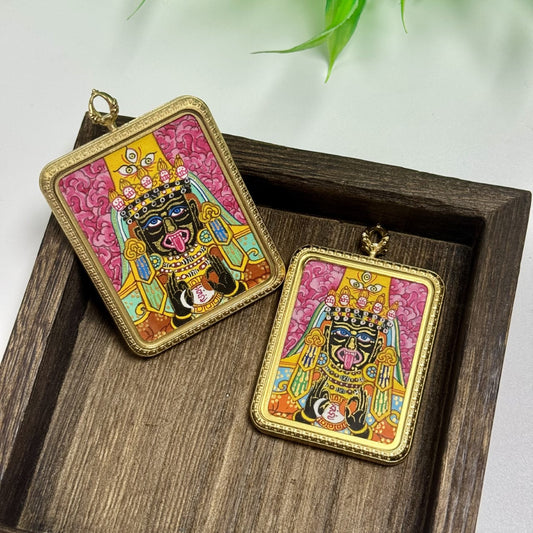 Detailed view of the jewelry copper alloy casing for the Pink Zhagilamu Thangka pendant, symbolizing protection and elegance in Tibetan Buddhist tradition.