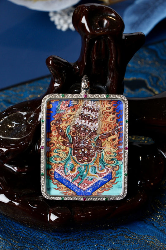 Rahula wrathful deity thangka amulet used in Tibetan Buddhism for protection, warding off negativity, and spiritual defense.