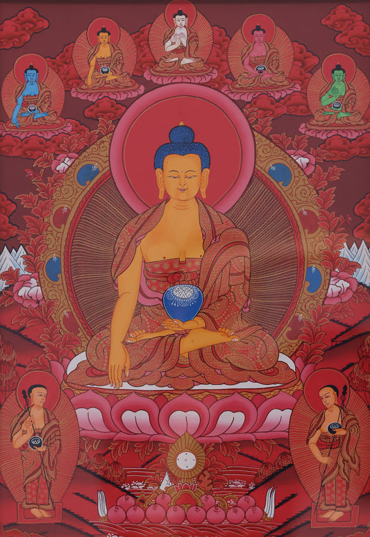 Hand-painted Tibetan thangka of Red Shakyamuni Buddha, showcasing traditional Tibetan Buddhist artistry.