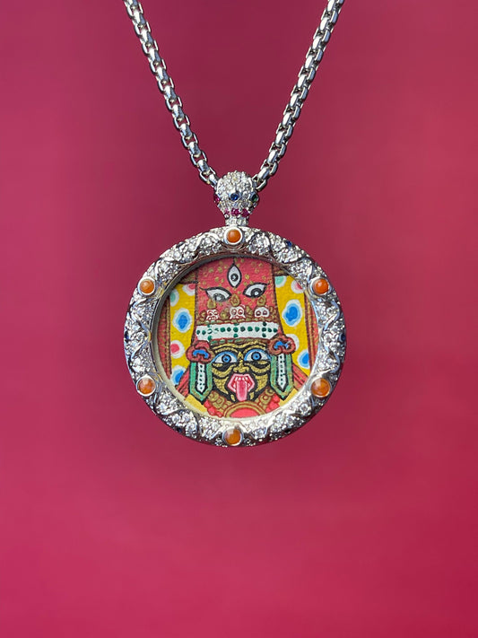 Close-up detail of the Nepal Red Shridevi Thangka showing hand-painted mineral pigments and vivid expression, showcasing the Nepal series artistry.